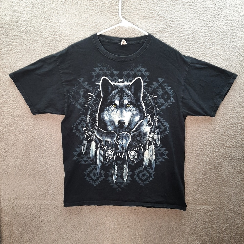 Fruit Of The Loom Shirt Adult Large Black Aztec Wolf Nature Wildlife‎ Y2K Dog